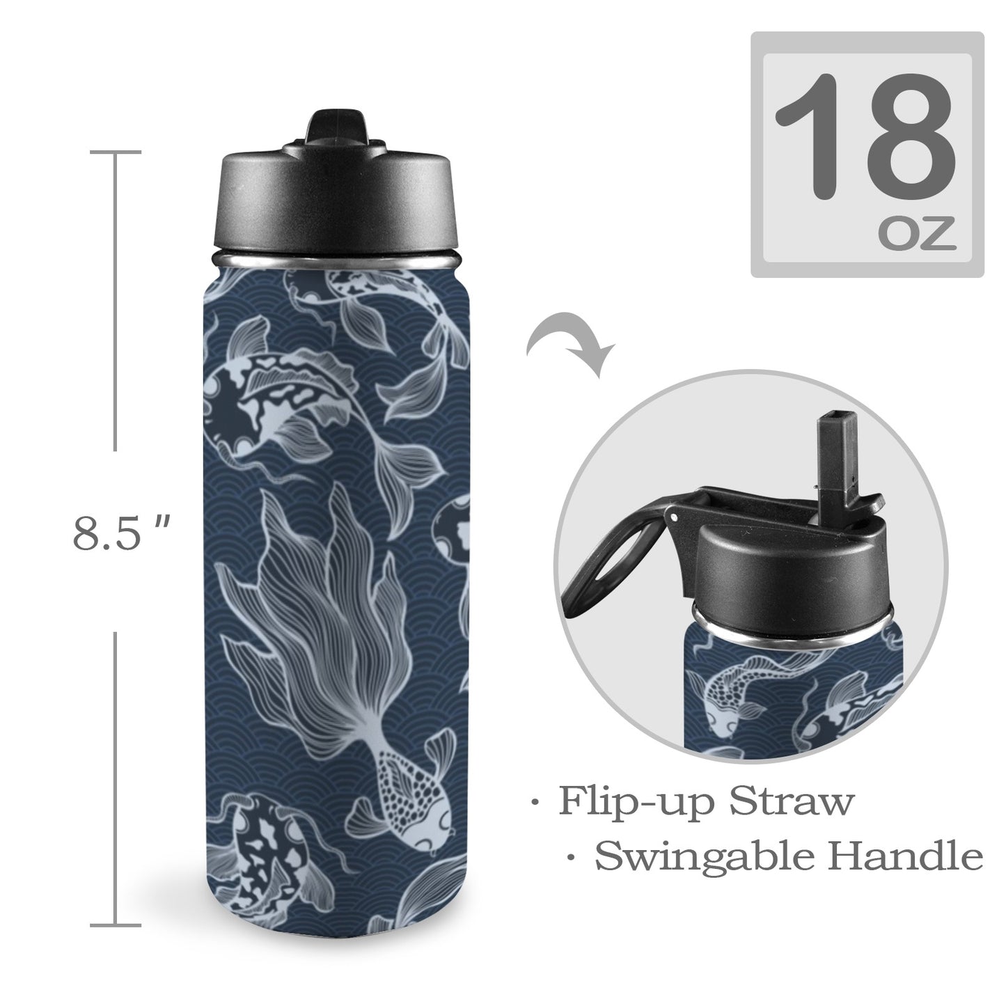 Blue Fish - Insulated Water Bottle with Straw Lid (18oz) Insulated Water Bottle with Swing Handle Printed Offshore