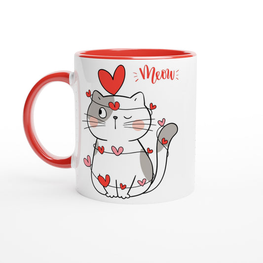 Cat Heart Meow - White 11oz Ceramic Mug with Color Inside Ceramic Red Colour 11oz Mug animal Love