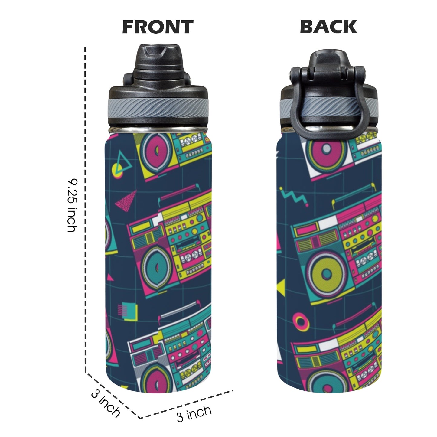 Boombox - Insulated Water Bottle with Dual-Use Lid (18oz) Insulated Water Bottle with Dual-Use Lid (18oz) Music Printed Offshore Retro