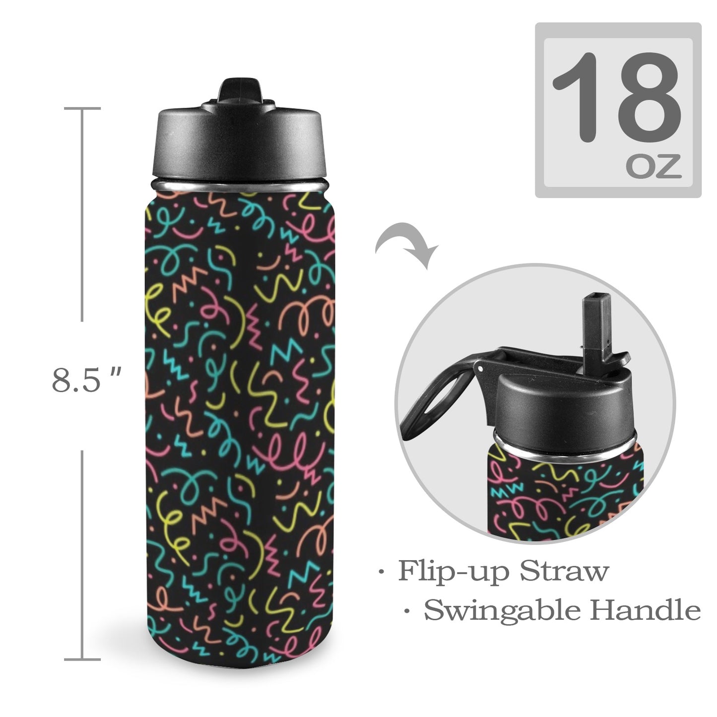 Squiggle Time - Insulated Water Bottle with Straw Lid (18oz) Insulated Water Bottle with Swing Handle Printed Offshore