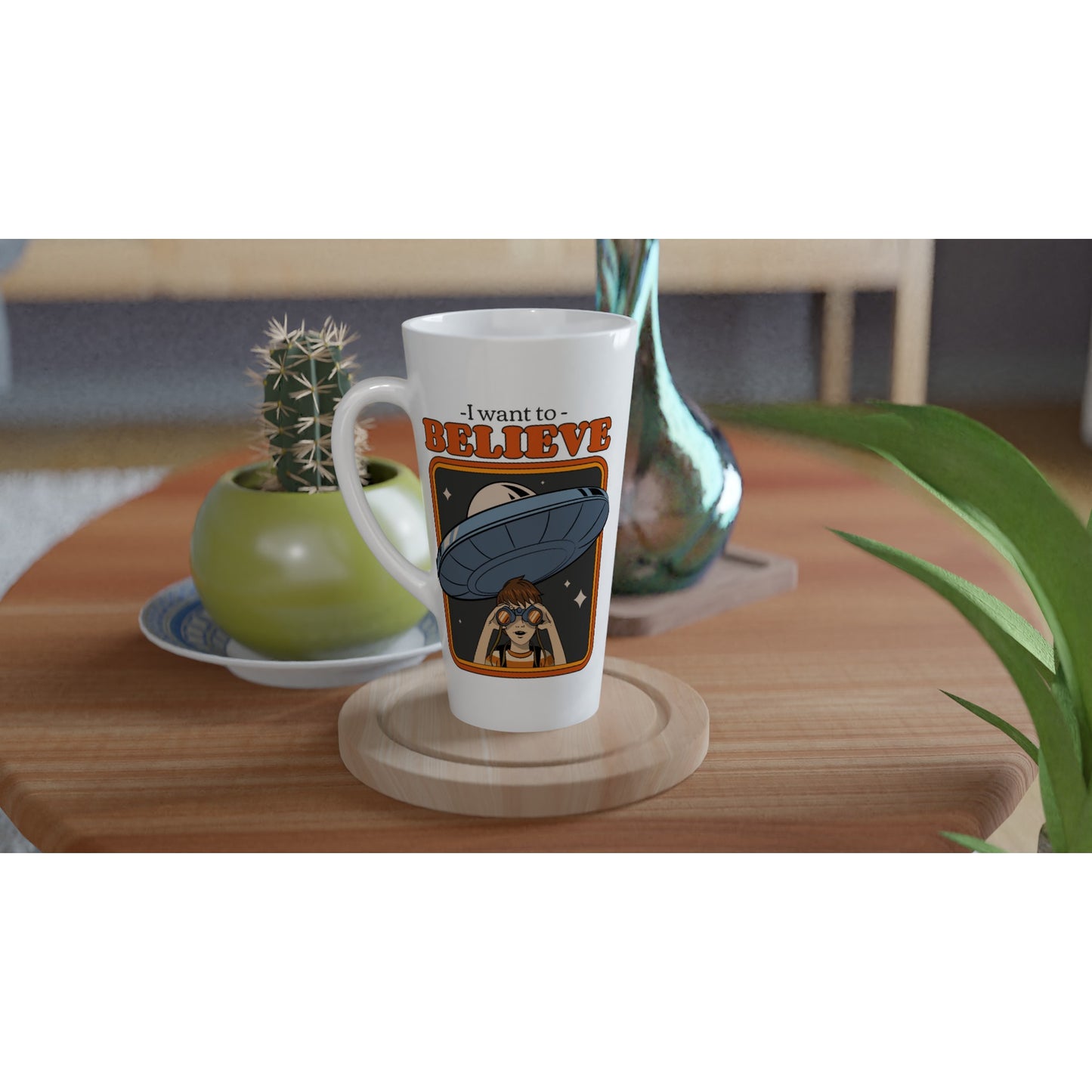 UFO, I Want To Believe - White Latte 17oz Ceramic Mug Latte Mug Retro Sci Fi