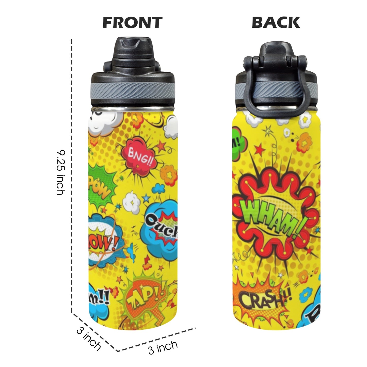 Comic Book Yellow - Insulated Water Bottle with Dual-Use Lid (18oz) Insulated Water Bottle with Dual-Use Lid (18oz) comic Printed Offshore