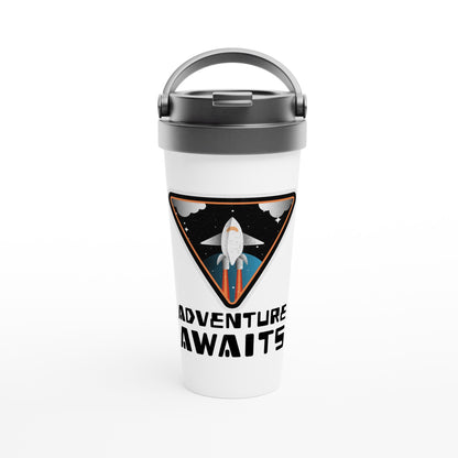 Adventure Awaits, Rocket Ship - White 15oz Stainless Steel Travel Mug Default Title Travel Mug Globally Fulfilled Space