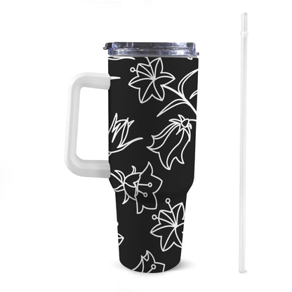 Black And White Floral - 40oz Tumbler with White Handle