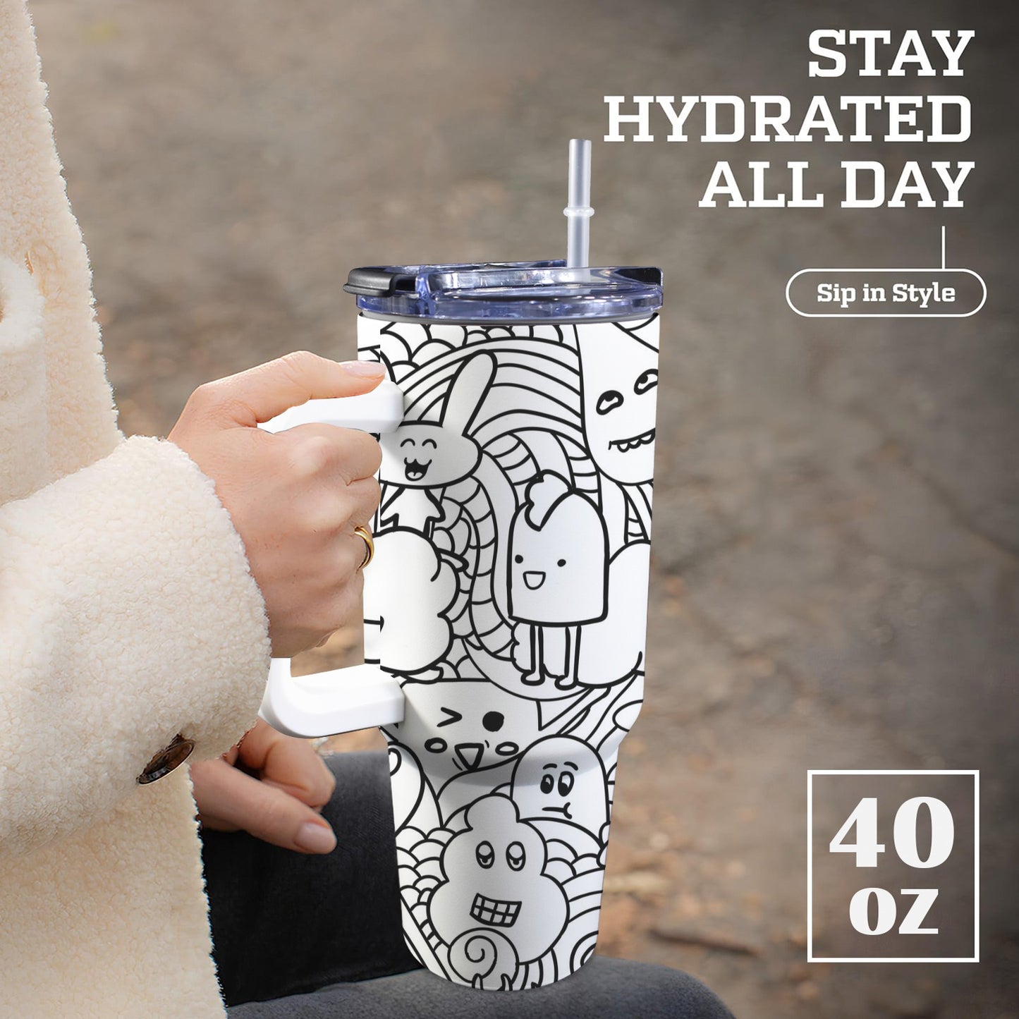 Black And White Creatures - 40oz Tumbler with White Handle