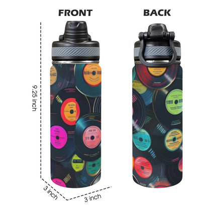 Retro Vinyl Records 2 - Insulated Water Bottle with Dual-Use Lid (18oz) Insulated Water Bottle with Dual-Use Lid (18oz) Music Printed Offshore