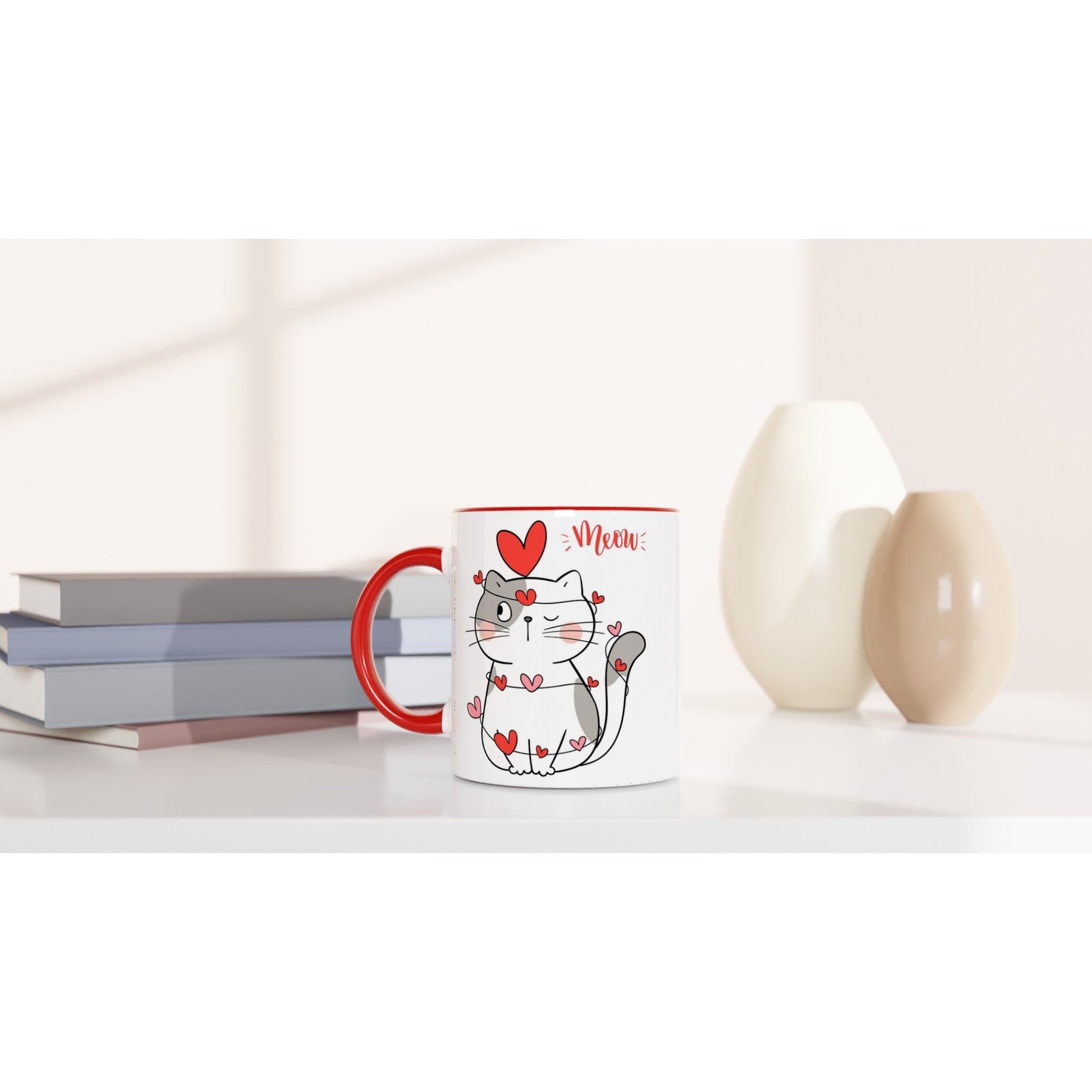 Cat Heart Meow - White 11oz Ceramic Mug with Color Inside Colour 11oz Mug animal Globally Fulfilled Love