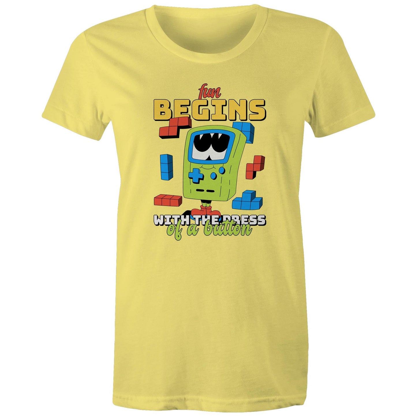 Fun Begins With The Press OF A Button, Game - Womens T-shirt Yellow Womens T-shirt Games Printed In Australia