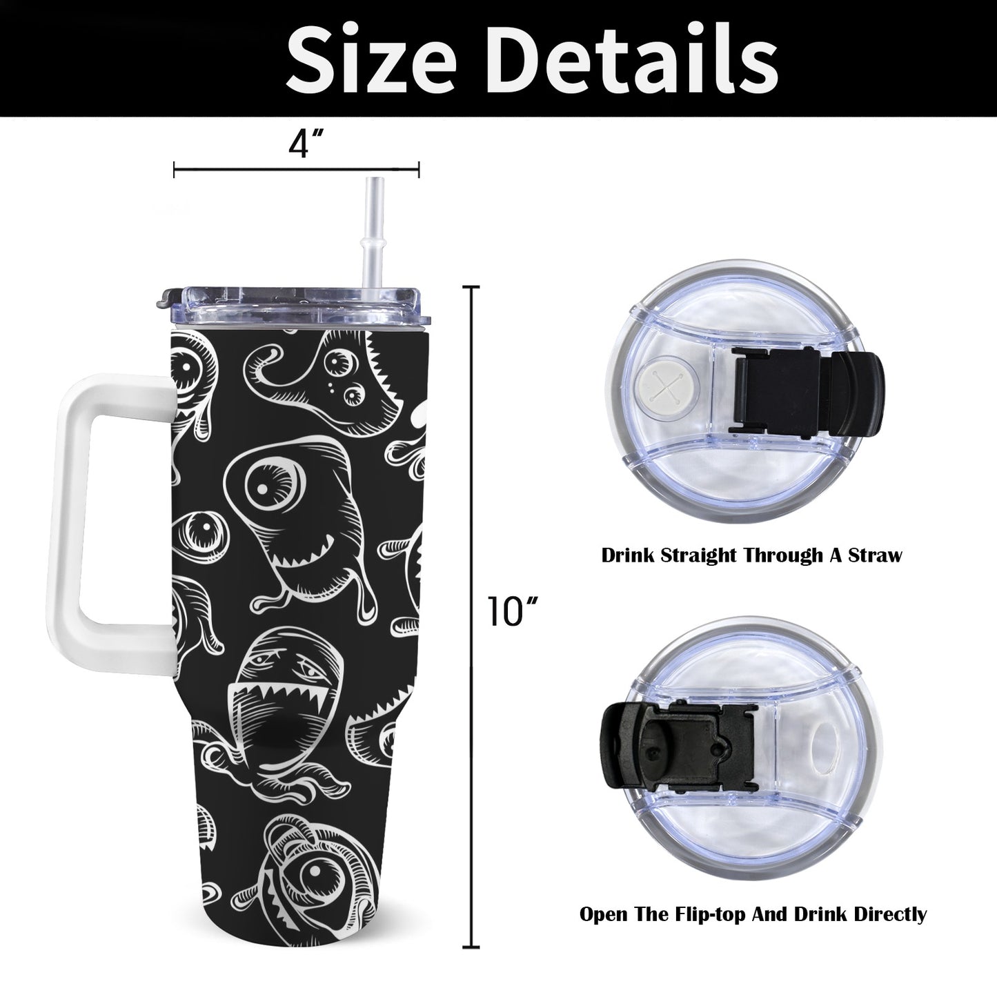 Monsters In Black And White - 40oz Tumbler with White Handle