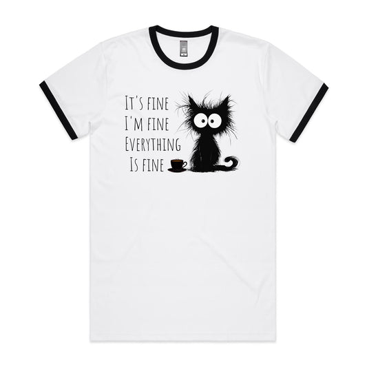 It's Fine, I'm Fine, Frazzled Cat - Ringer Tee White Black Ringer T-Shirt animal Printed In Australia