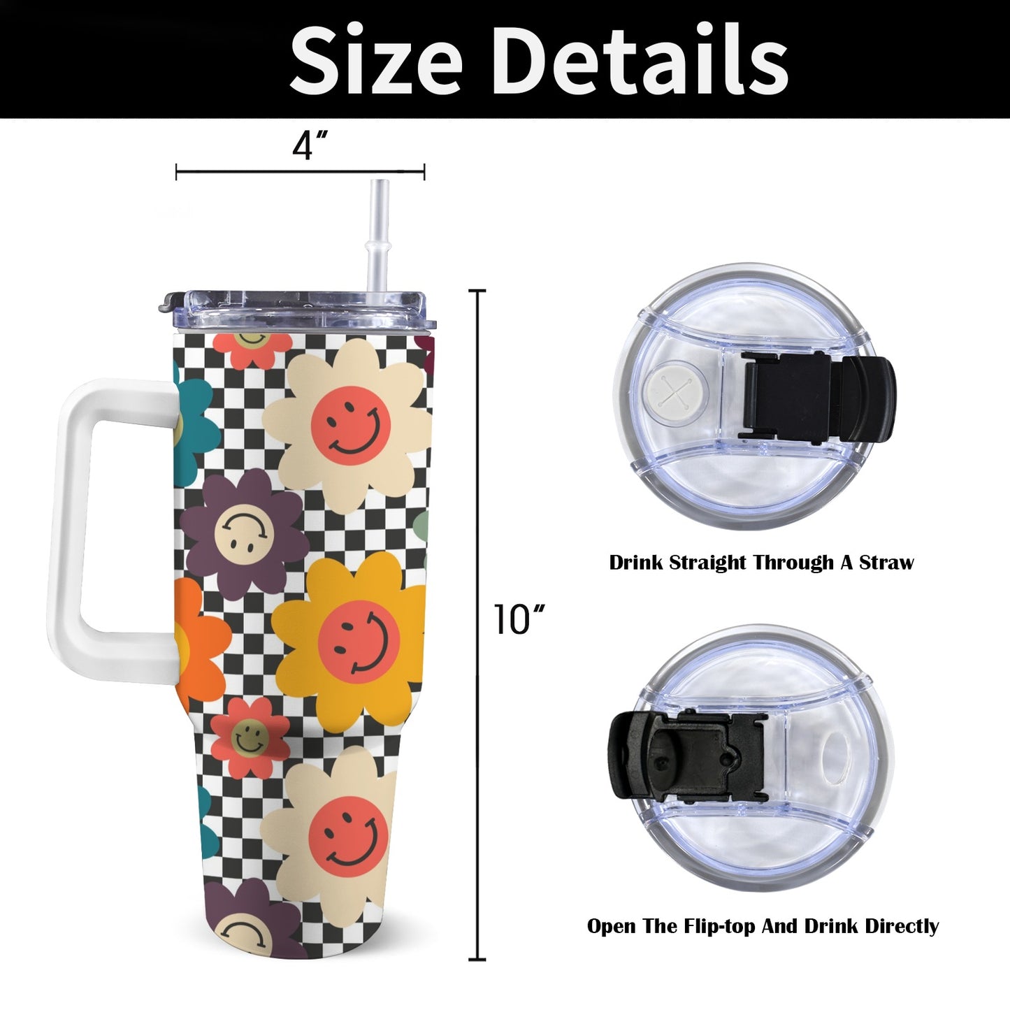 Happy Retro Flowers - 40oz Tumbler with White Handle