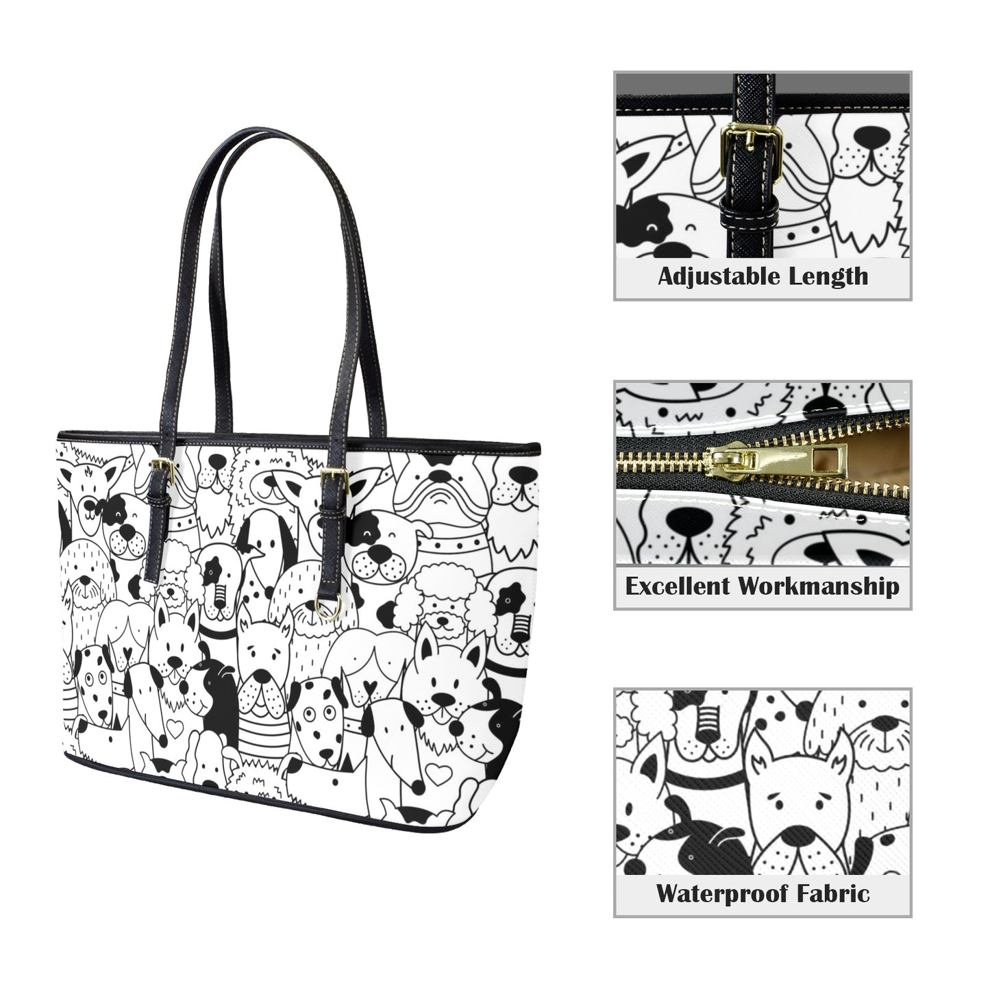 Black And White Dogs - Leather Tote Bag-Large