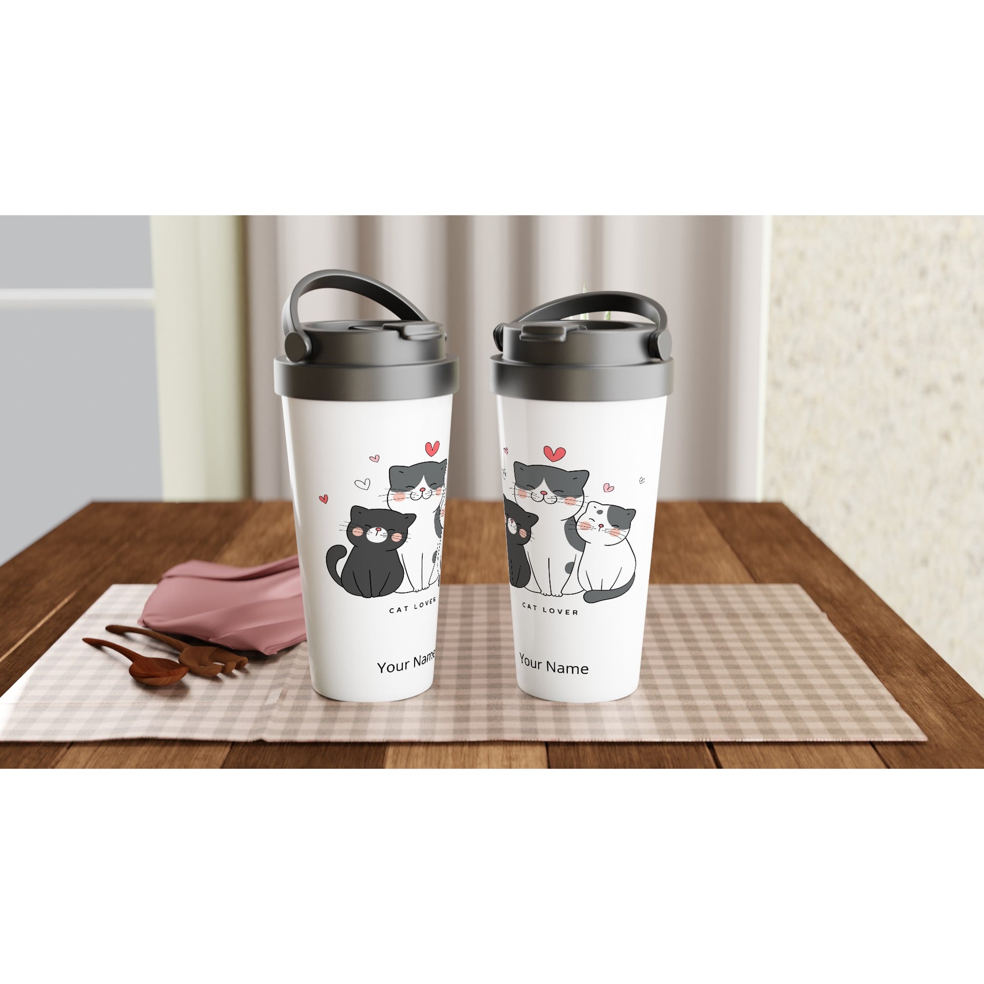 Personalised - Cat Lover - White 15oz Stainless Steel Travel Mug Personalised Travel Mug animal