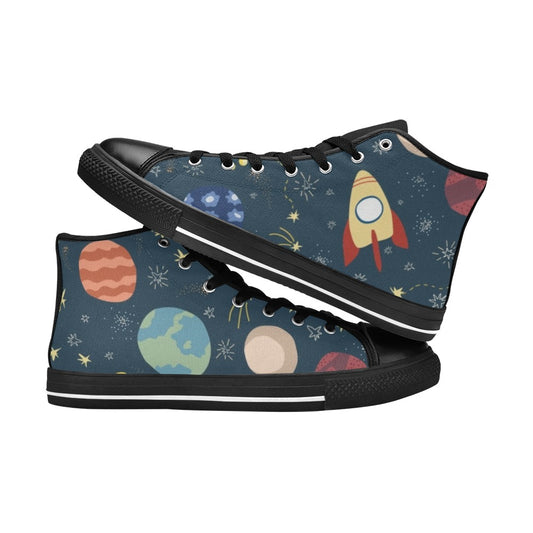 Rocket and Planets In Space - Kids' High Top Canvas Shoes