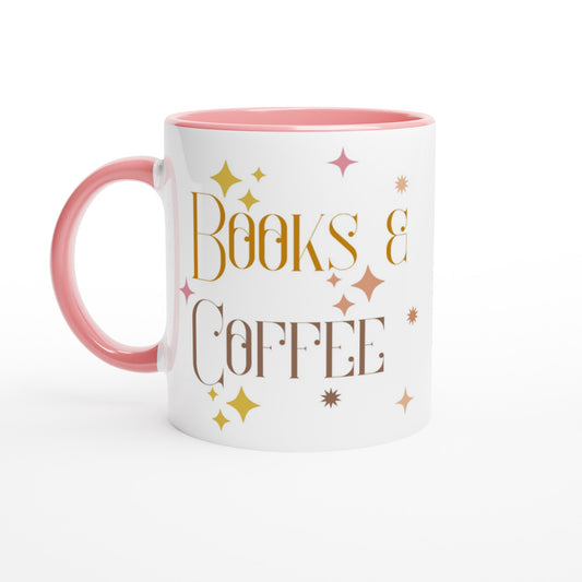 Books And Coffee - White 11oz Ceramic Mug with Colour Inside Ceramic Pink Colour 11oz Mug Coffee Reading