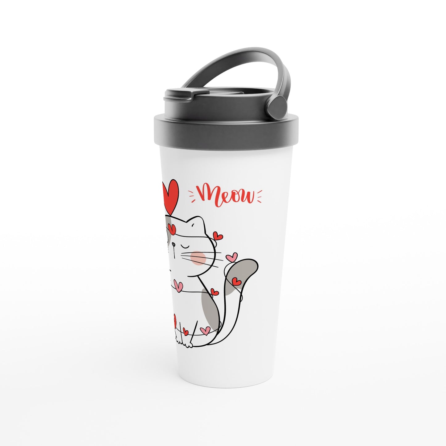 Cat Heart Meow - White 15oz Stainless Steel Travel Mug Travel Mug animal Globally Fulfilled Love