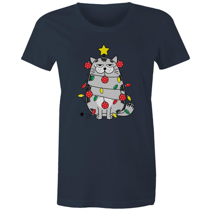 Cat Christmas Lights - Womens T-shirt Navy Womens Christmas T-shirt Christmas Printed In Australia