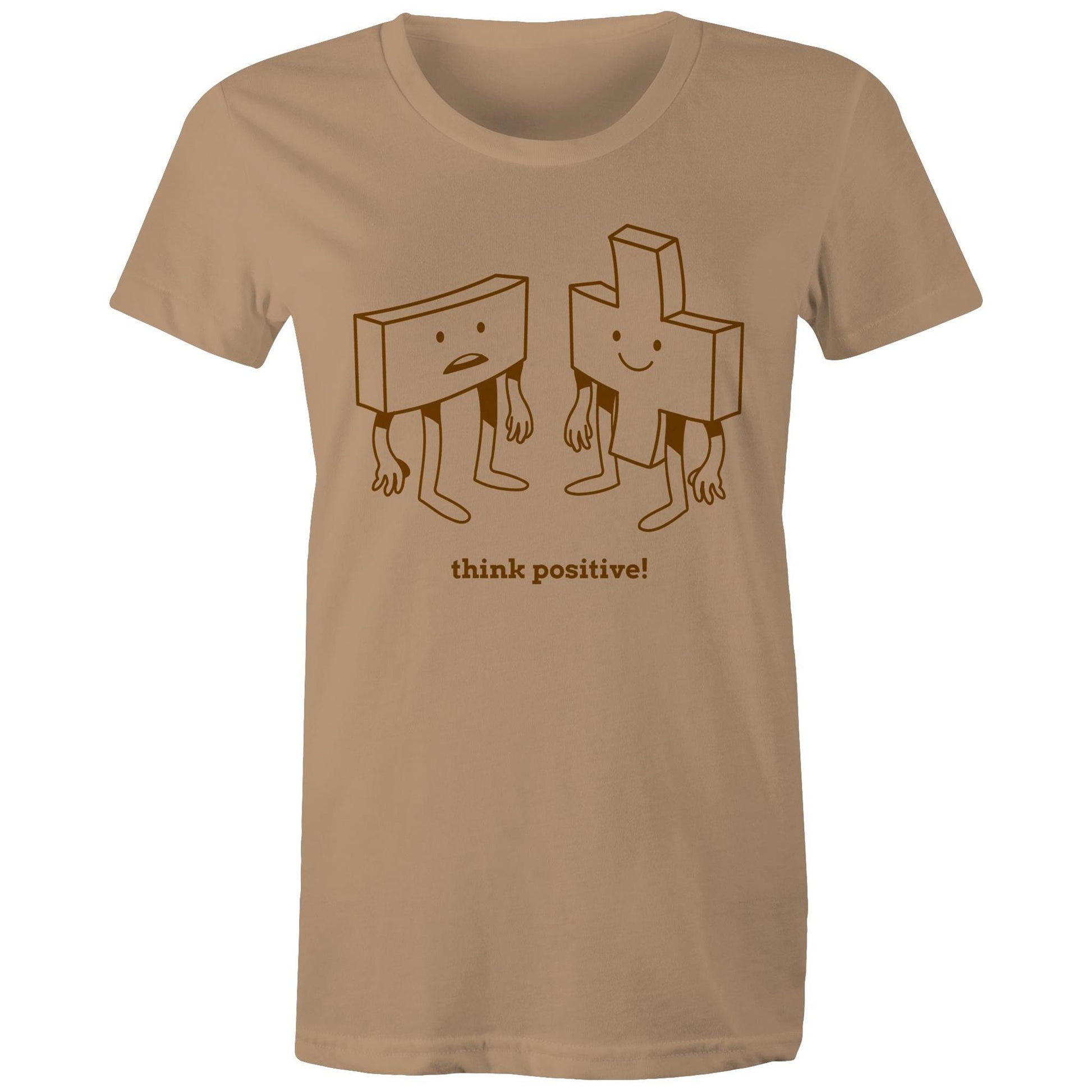 Think Positive, Plus And Minus - Womens T-shirt Tan Womens T-shirt Maths Motivation