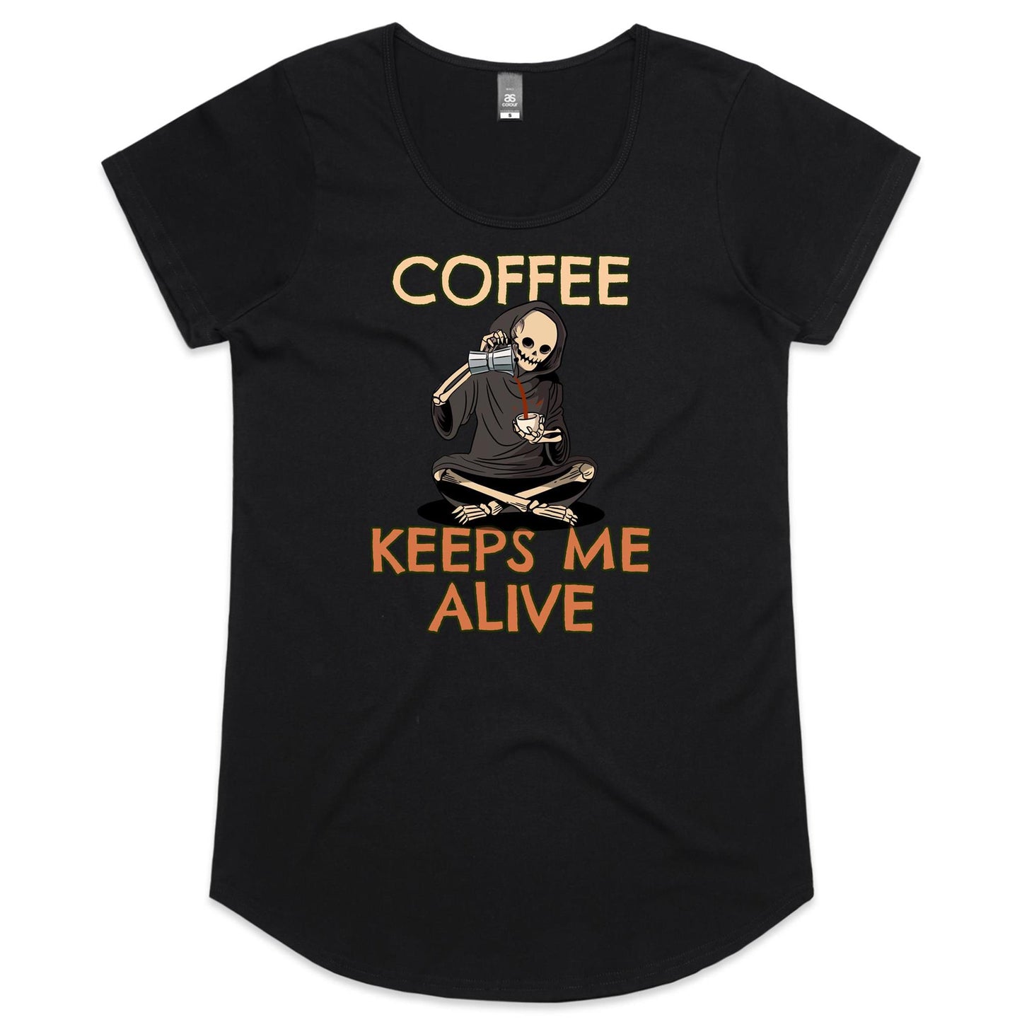 Skeleton, Coffee Keeps Me Alive - Womens Scoop Neck T-Shirt Black Womens Scoop Neck T-shirt Coffee