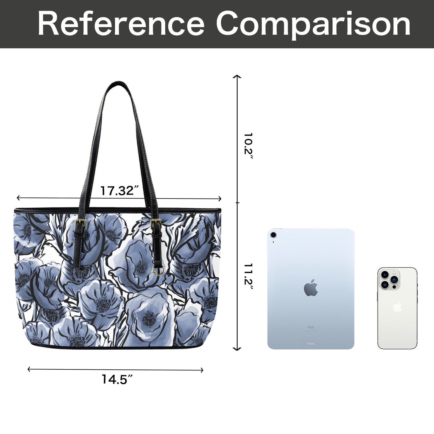 Blue And White Floral - Leather Tote Bag-Large