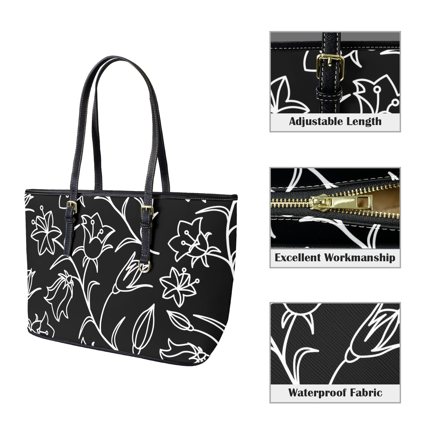 Black And White Floral - Leather Tote Bag-Large