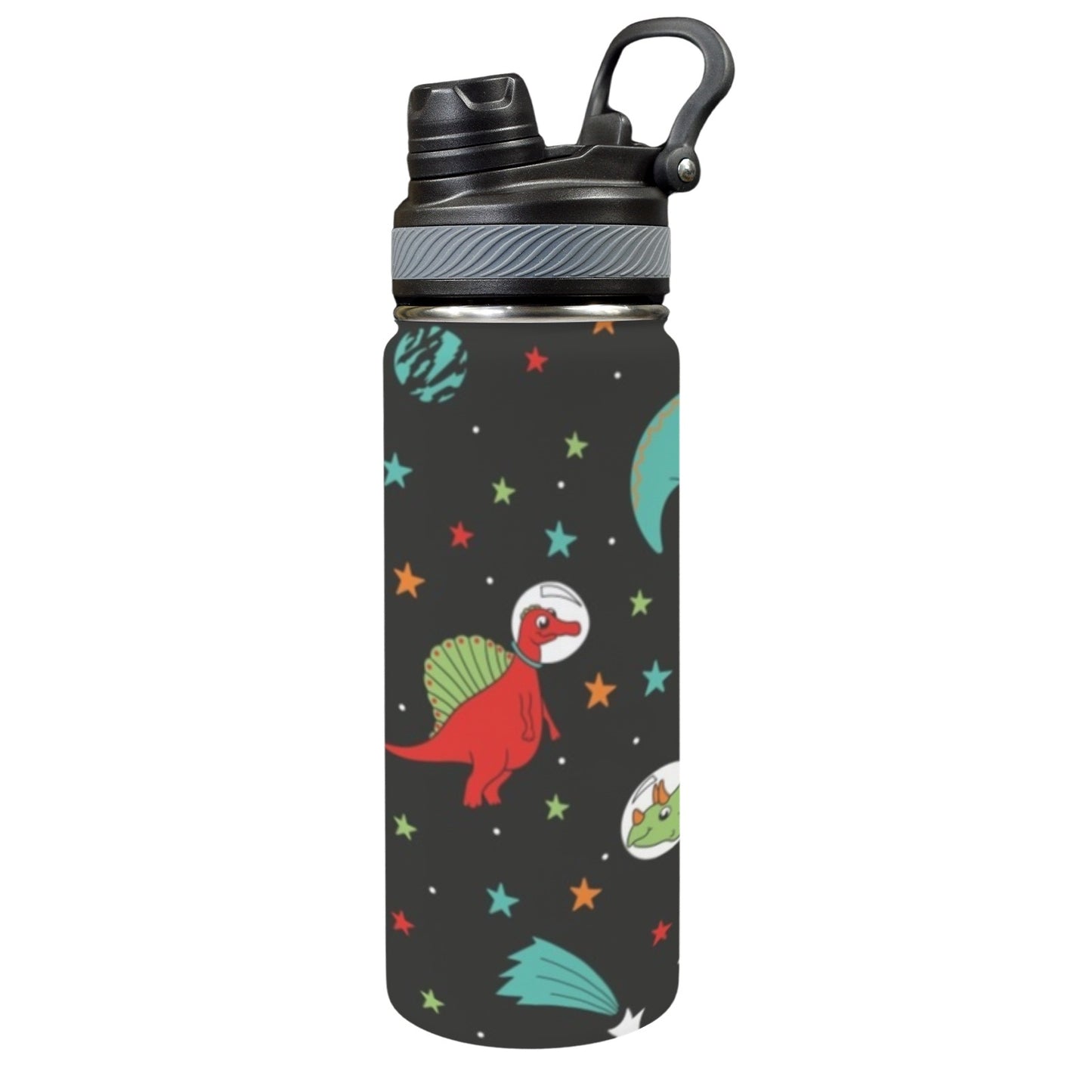 Astronaut Dinosaurs - Insulated Water Bottle with Dual-Use Lid (18oz)