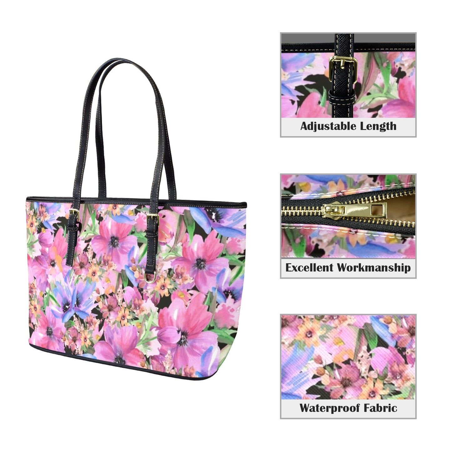 Bright Pink Floral - Leather Tote Bag-Large