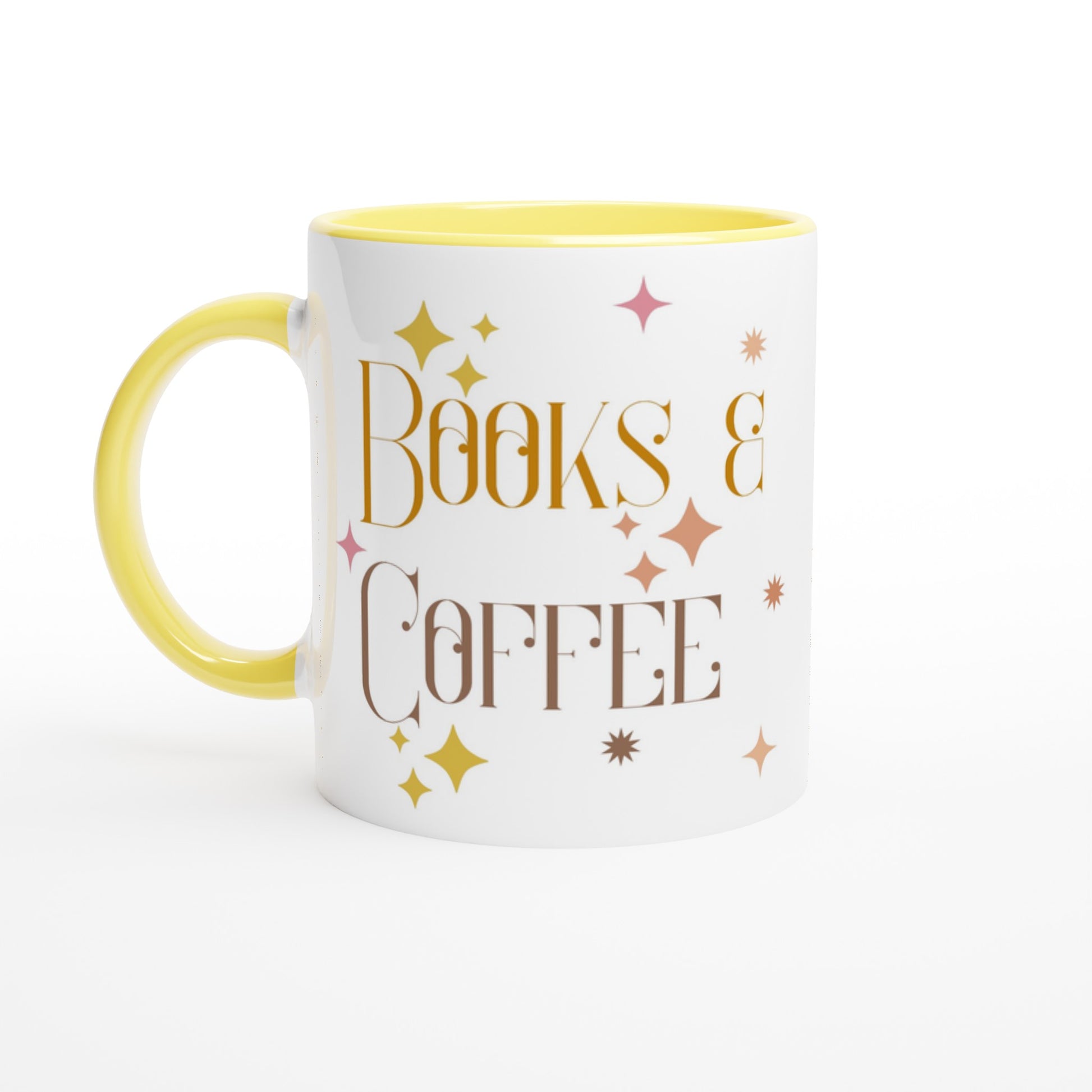 Books And Coffee - White 11oz Ceramic Mug with Colour Inside Ceramic Yellow Colour 11oz Mug Coffee Globally Fulfilled Reading