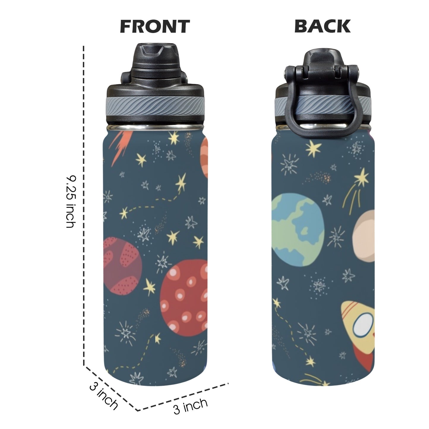 Rocket and Planets In Space - Insulated Water Bottle with Dual-Use Lid (18oz)