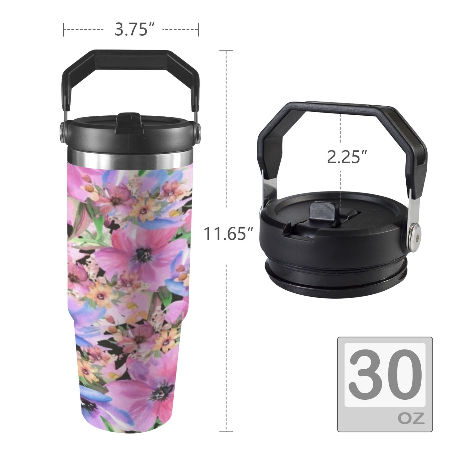 Bright Pink Floral - 30oz Tumbler with Top Handle