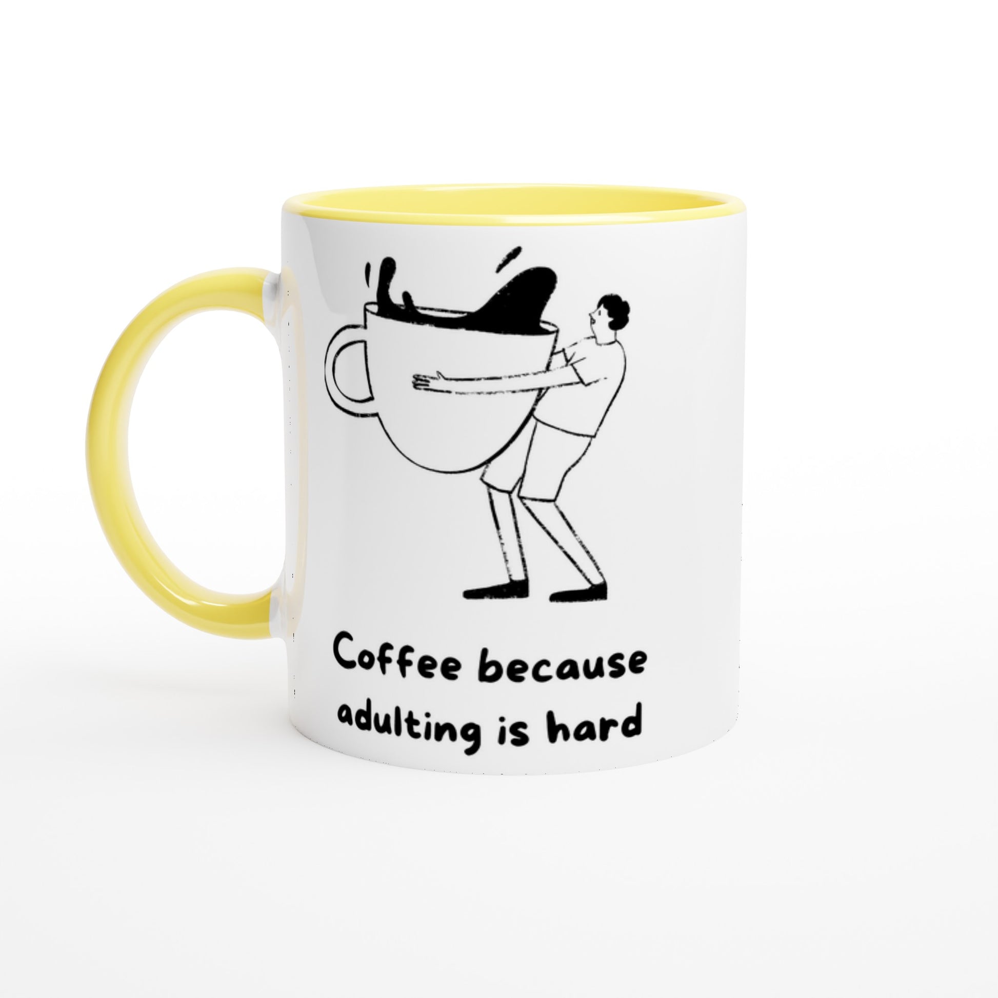 Coffee Because Adulting Is Hard - White 11oz Ceramic Mug with Colour Inside Ceramic Yellow Colour 11oz Mug coffee Globally Fulfilled