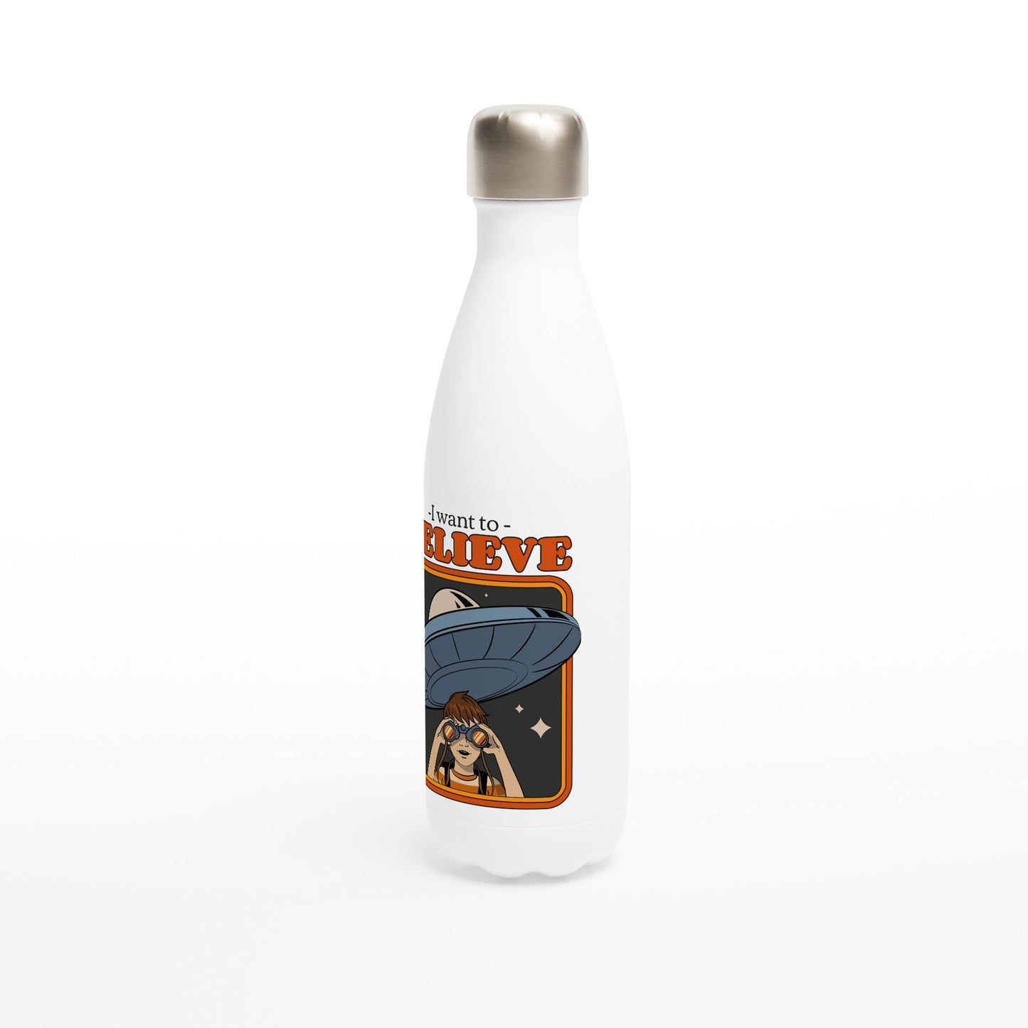 I Want To Believe - White 17oz Stainless Steel Water Bottle White Water Bottle Globally Fulfilled Retro Sci Fi