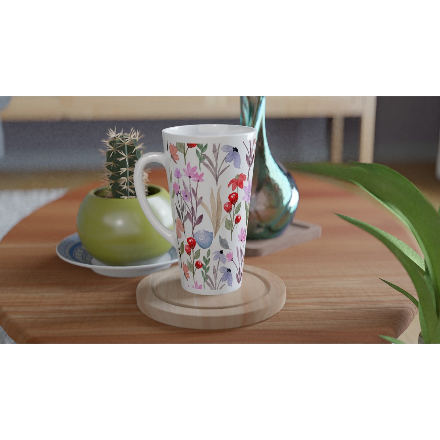 Watercolour Flowers - White Latte 17oz Ceramic Mug Latte Mug Globally Fulfilled Plants