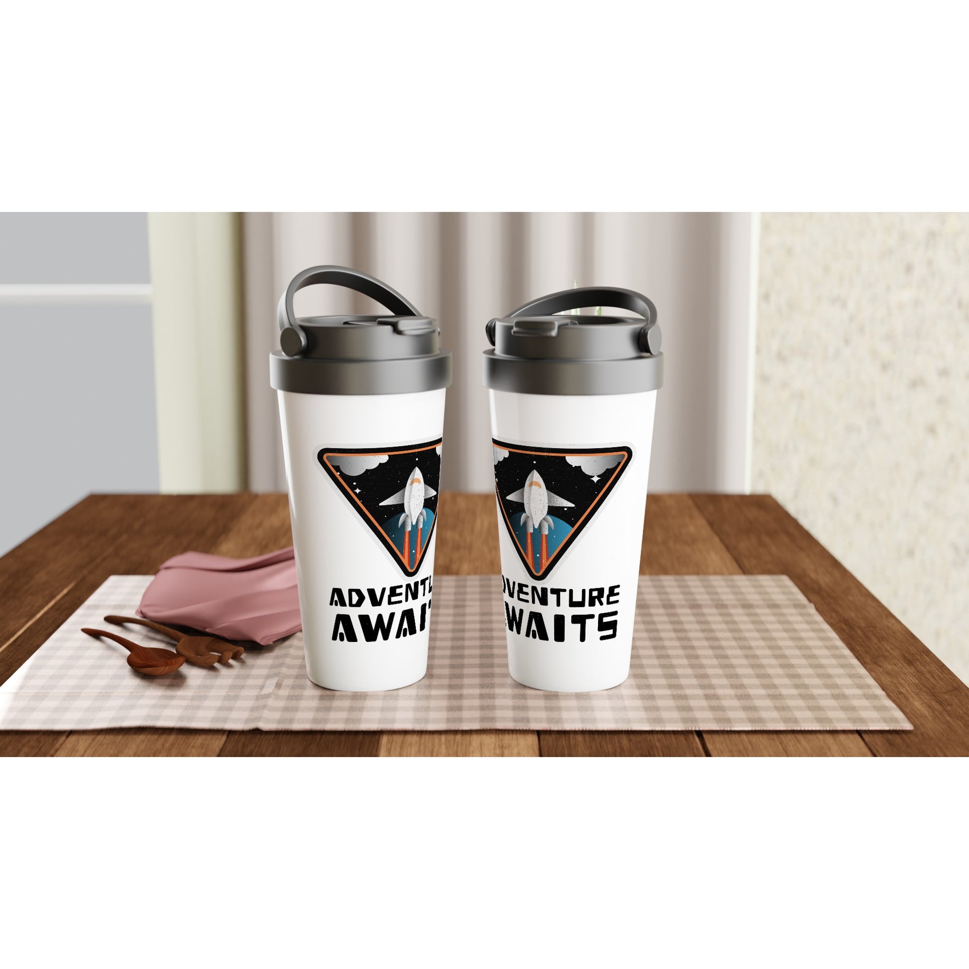 Adventure Awaits, Rocket Ship - White 15oz Stainless Steel Travel Mug Travel Mug Globally Fulfilled Space