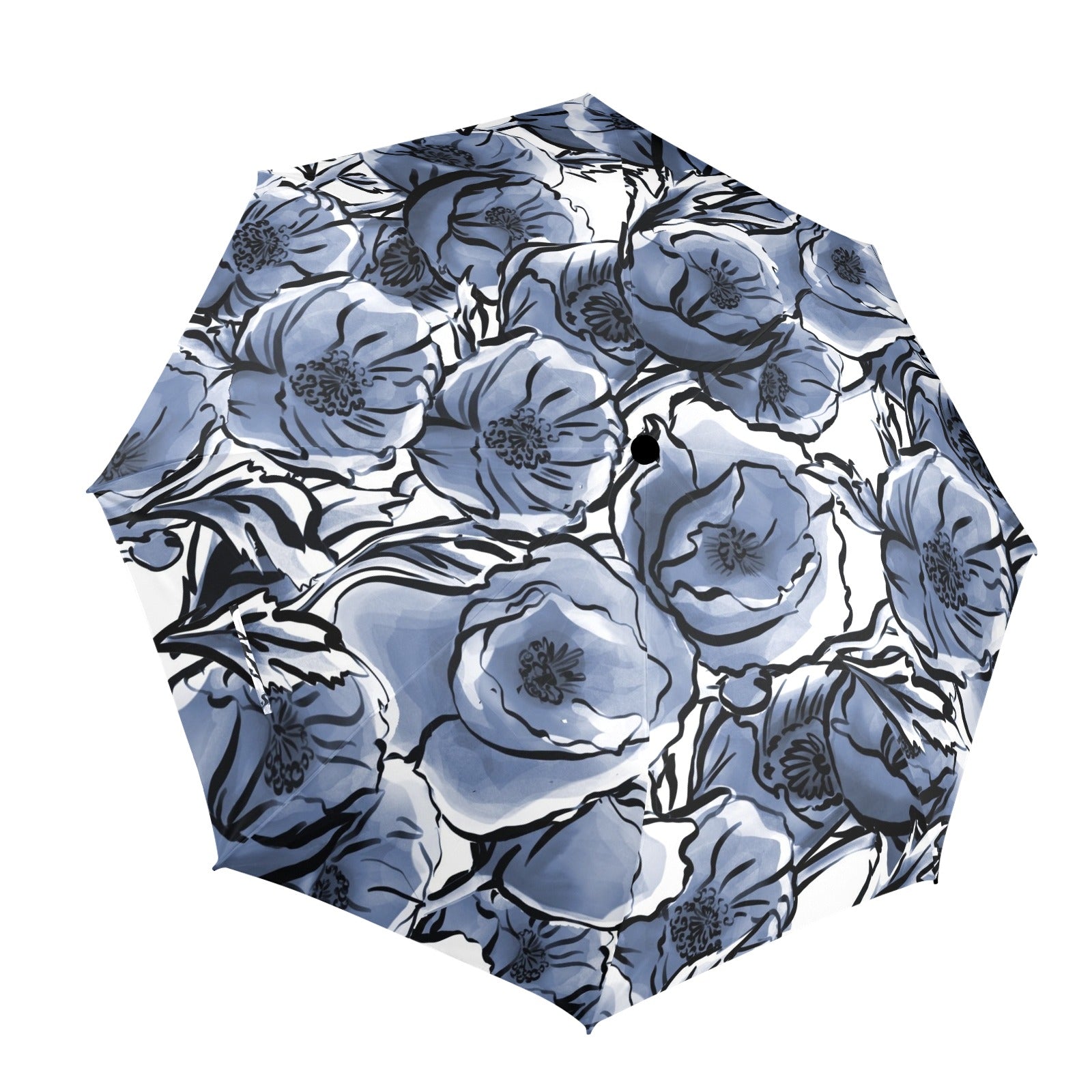 Blue And White Floral - Semi-Automatic Foldable Umbrella Semi-Automatic Foldable Umbrella Printed Offshore