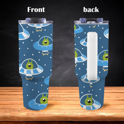 Cute Aliens in UFOs - 40oz Tumbler with White Handle