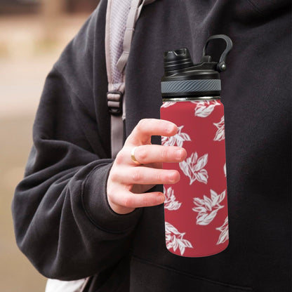 Red Retro Foliage, Hawaiian Flower - Insulated Water Bottle with Dual-Use Lid (18oz)