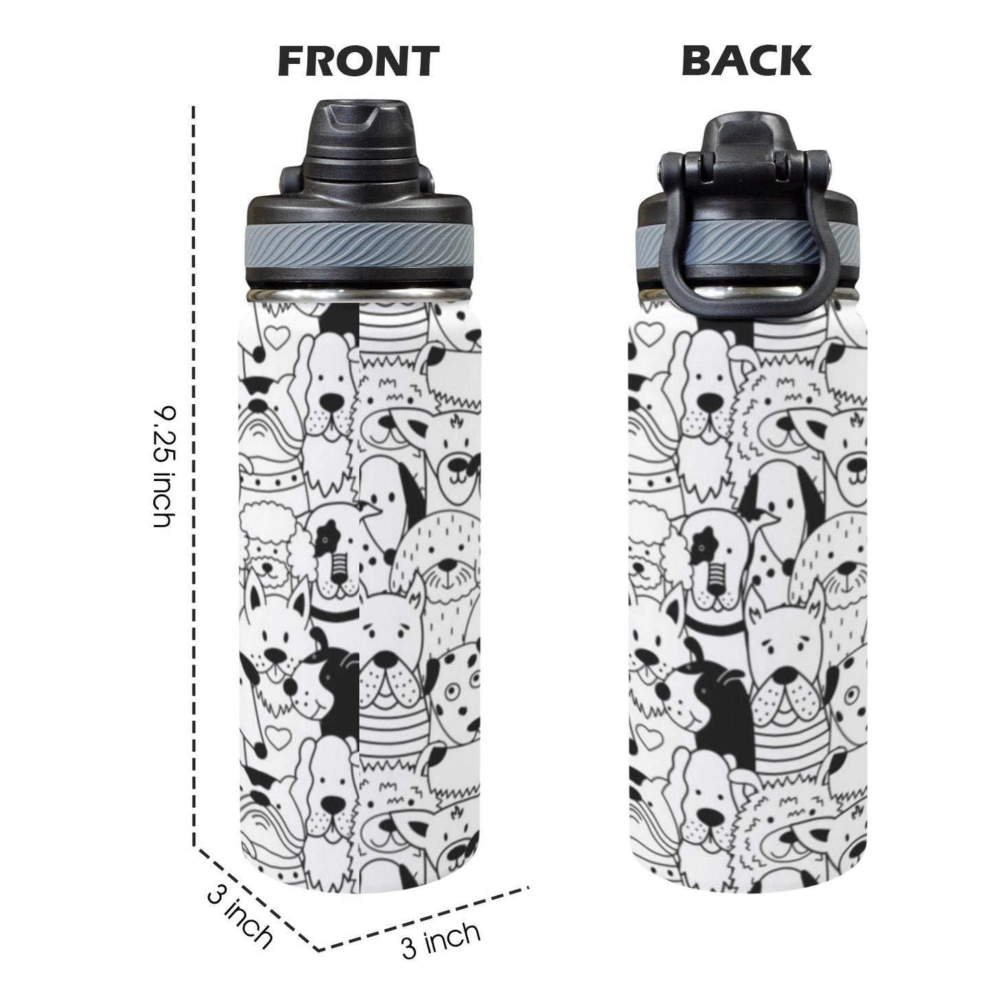 Black And White Dogs - Insulated Water Bottle with Dual-Use Lid (18oz)