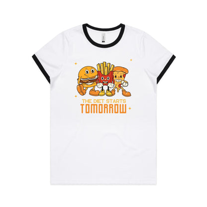 The Diet Starts Tomorrow, Hamburger, Fries, Pizza - Women's Ringer Tee