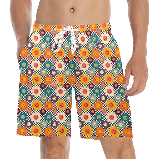 Happy Retro Flowers - Men's Mid-Length Beach Shorts