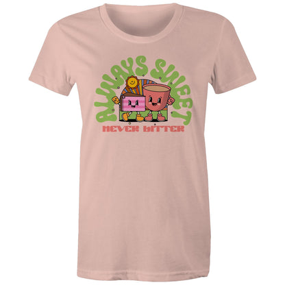 Always SweetNever Bitter, Cake And Coffee - Womens T-shirt Pale Pink Womens T-shirt Coffee Food Printed In Australia