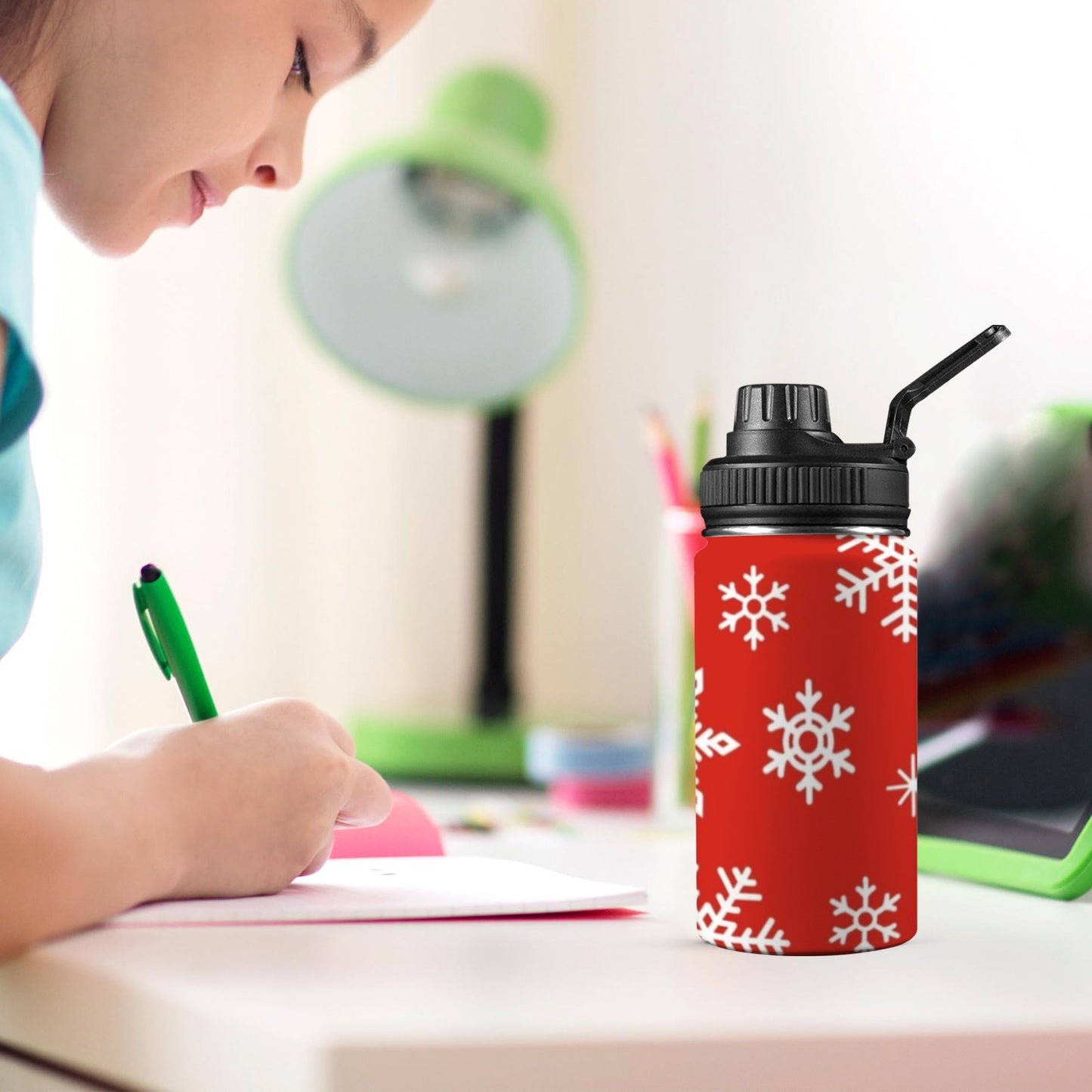 Red Snowflakes, Christmas - Kids Water Bottle with Chug Lid (12 oz)