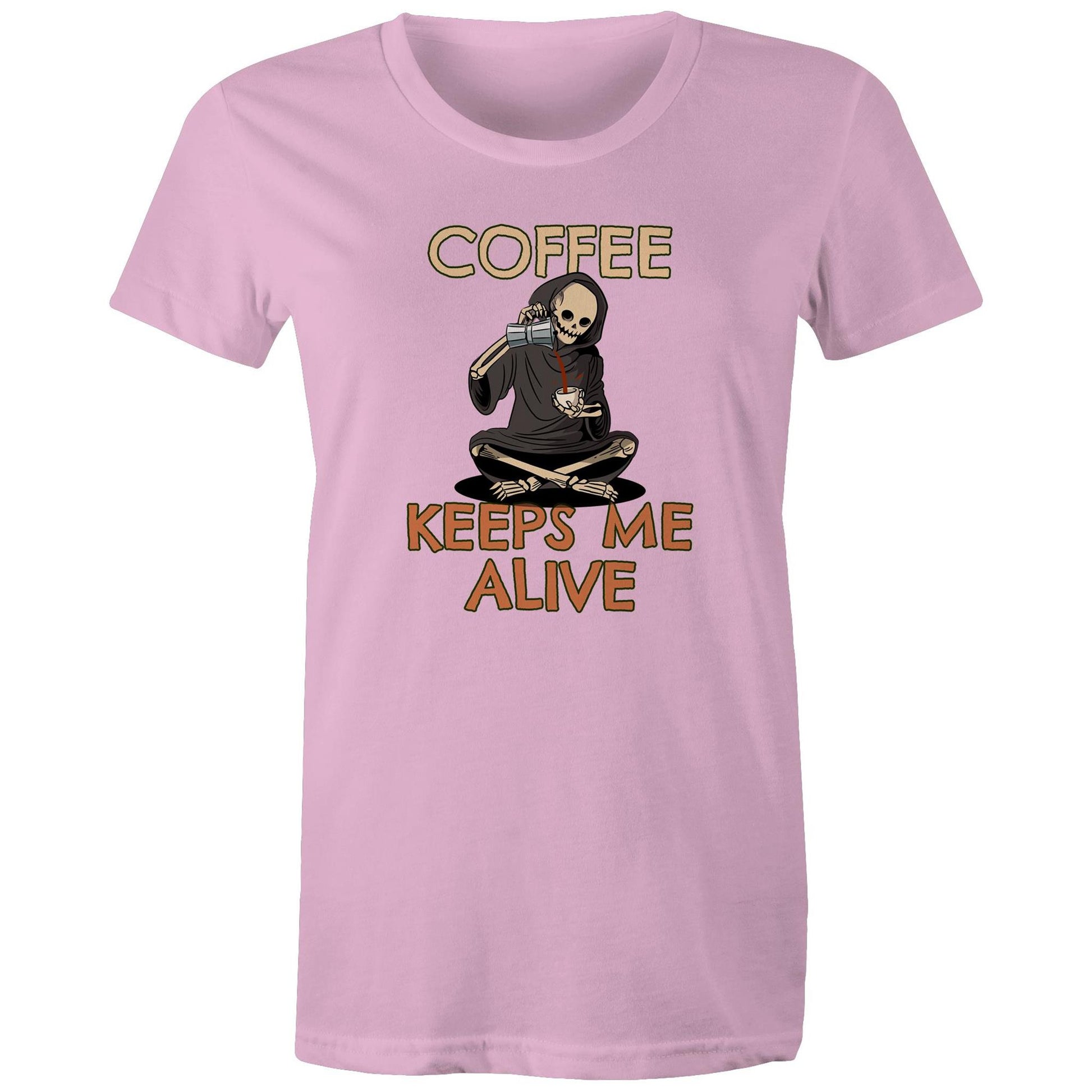 Skeleton, Coffee Keeps Me Alive - Womens T-shirt Pink Womens T-shirt Coffee