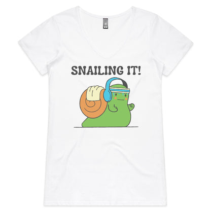 Snailing It - Womens V-Neck T-Shirt White Womens Fitness V-Neck