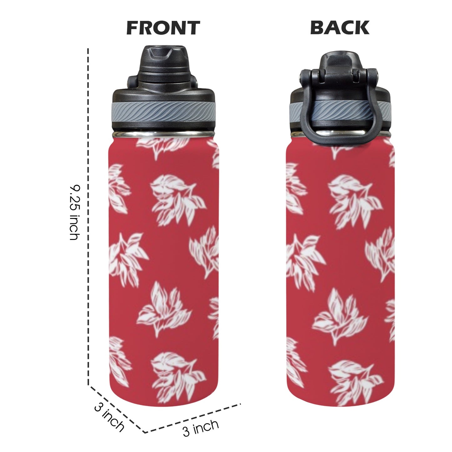 Red Retro Foliage, Hawaiian Flower - Insulated Water Bottle with Dual-Use Lid (18oz)