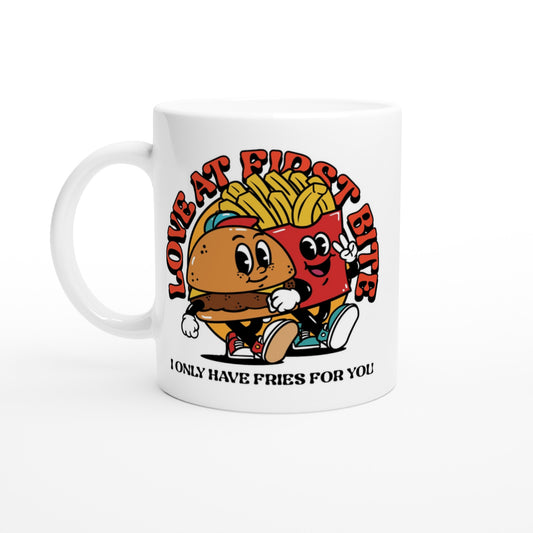 Love At First Bite, Burger And Fries - White 11oz Ceramic Mug Default Title White 11oz Mug food Globally Fulfilled