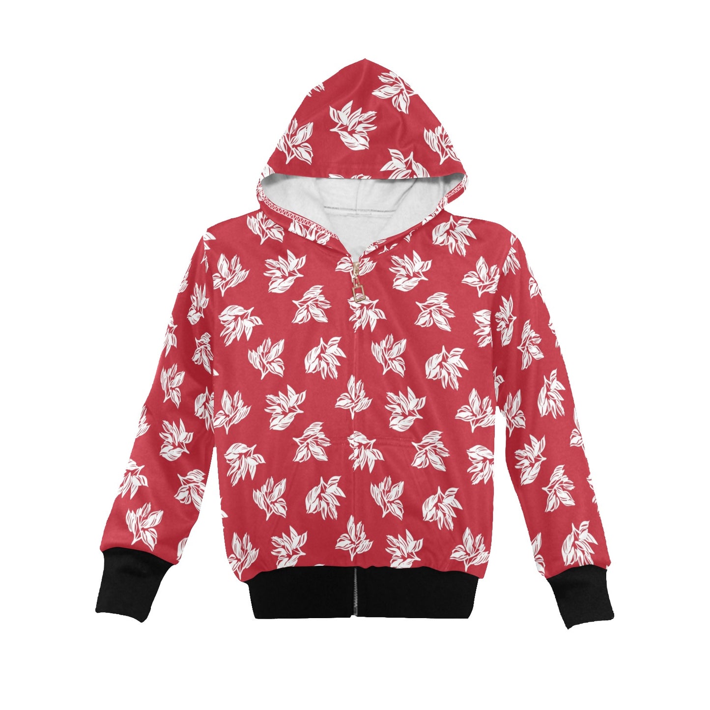 Red Retro Foliage, Hawaiian Flower - Junior Boys Zip Up Hoodie