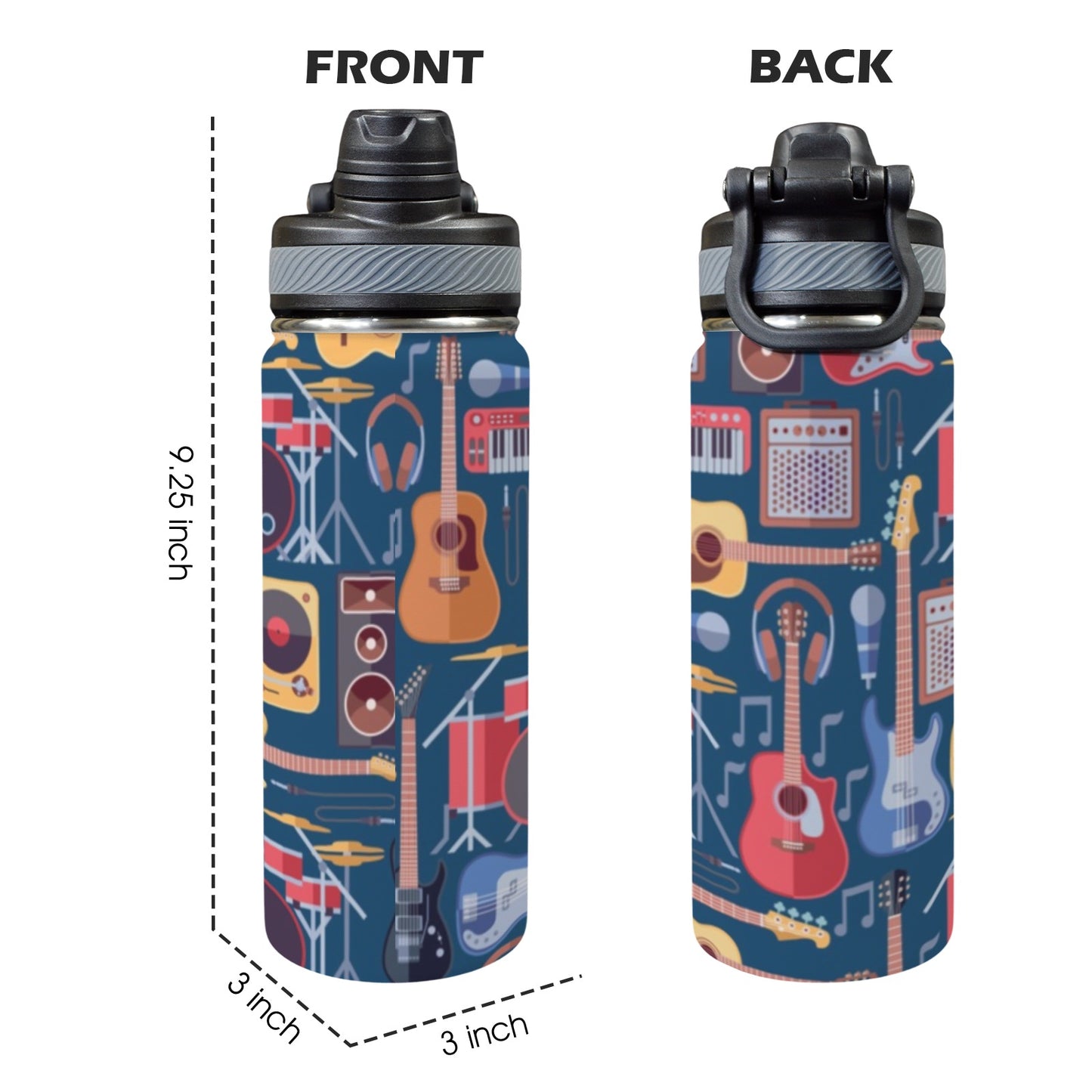 Music Instruments Blue - Insulated Water Bottle with Dual-Use Lid (18oz)