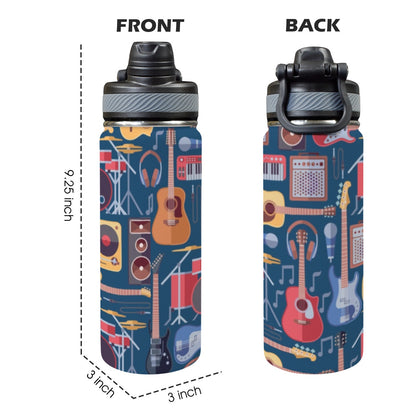 Music Instruments Blue - Insulated Water Bottle with Dual-Use Lid (18oz)