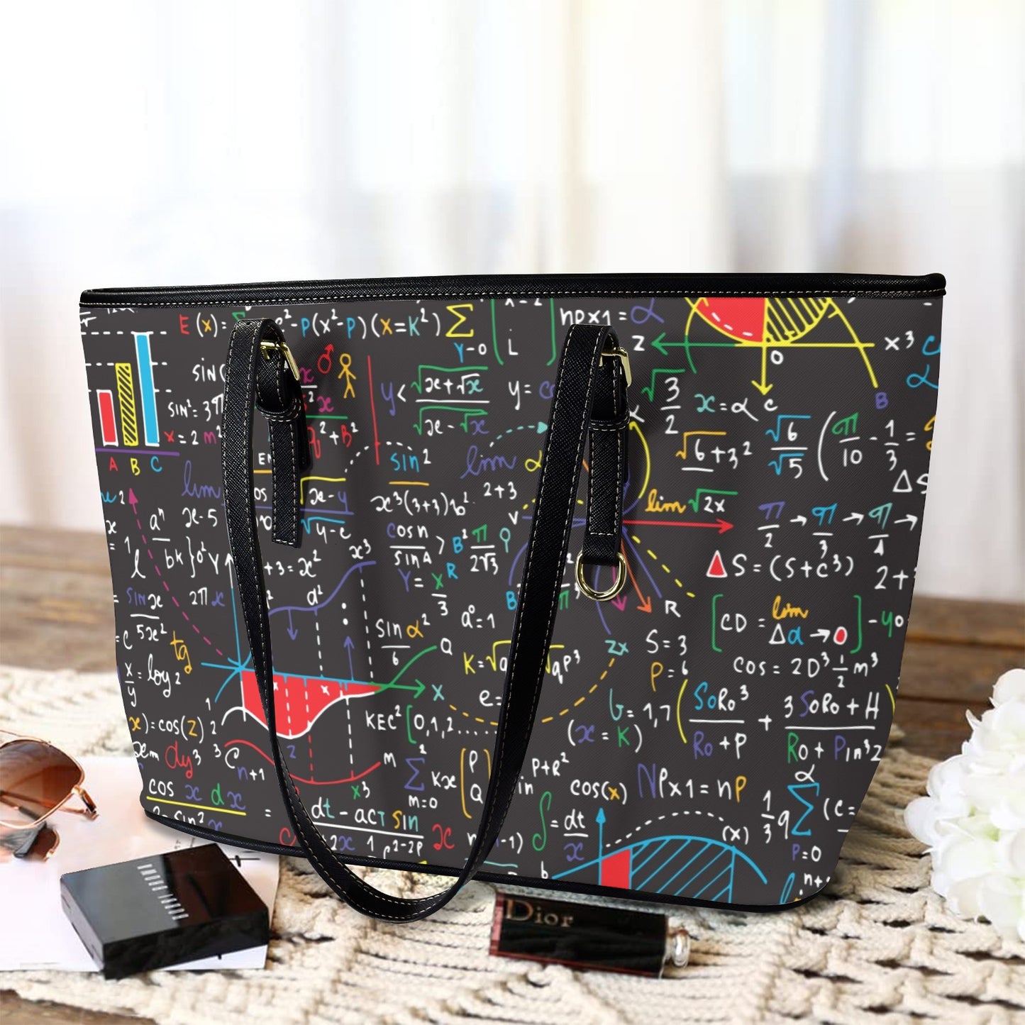 Colourful Maths Formulas - Leather Tote Bag-Large